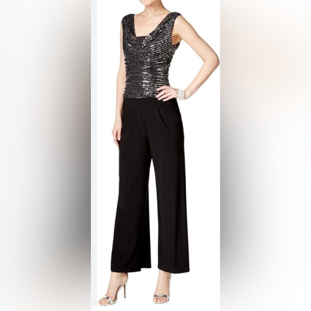 R&M Richards Black Silver CowlNeck Ruched Jumpsuit Wide Leg Sz 8